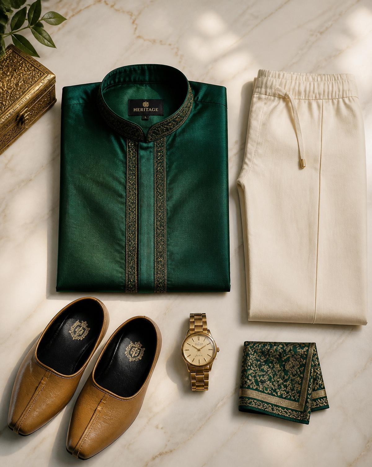 Curated emerald panjabi flat-lay outfit package by Outfits.bd